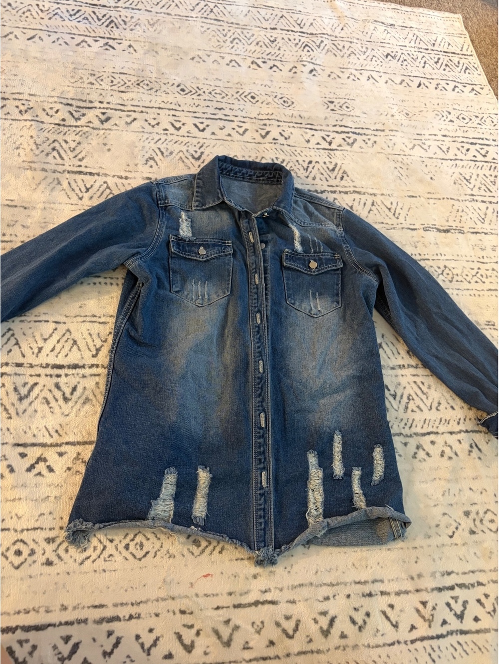 Distressed Blue Denim Jacket Shirt with Front Pockets Size M